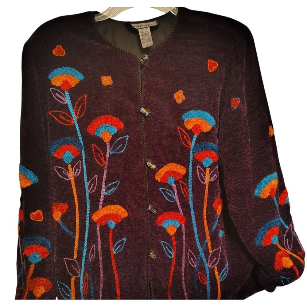Indigo Moon Large Purple Chenille Jacket Embroidered Flowers Glass Buttons Artsy